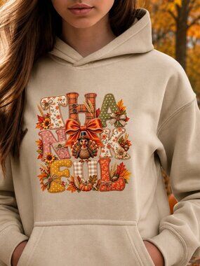 Thankful HOODIE Graphic Sweatshirt Applique Style Thanksgiving Bow Fall Turkey